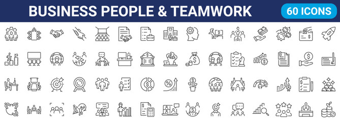 Business people and Teamwork line web icons set. Businessman, human resources, work group, meeting, partnership, success.