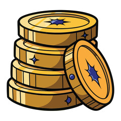 Stack of golden coins with blue starbursts and circles isolated on transparent background isolated on white background