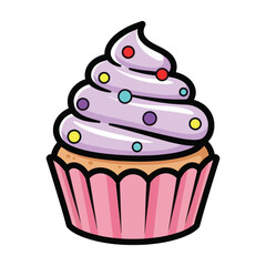 Delicious cartoon cupcake with purple frosting and colorful sprinkles isolated on transparent background isolated on white background