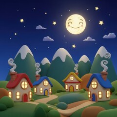 Fototapeta premium Whimsical Nocturne: Cartoon Houses Under Smiling Moonlit Sky in Dreamscape Valley