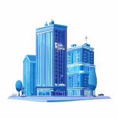 Fototapeta premium Modern blue-toned architectural illustration of a building complex viewed from a street-level perspective