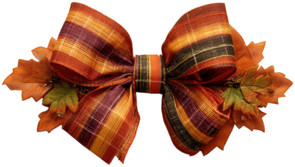 Autumn plaid bow with vibrant orange and brown colors decorated with fall leaves isolated on transparent background