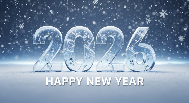 Stunning 3d rendering of icy transparent 2026 numbers resting on snow with falling snowflakes wishing happy new year celebration - Powered by Adobe
