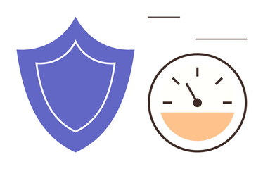 Blue shield alongside a speedometer with an orange gauge. Ideal for security, protection, performance, safety, monitoring, optimization, and stability concepts. Simple flat metaphor