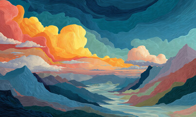 surreal digital art of an abstract planet with swirling clouds, colorful mountains, and vibrant planets floating in the sky. the scene is set against a gradient background featuring bright colors like