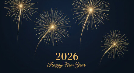 Golden fireworks illuminate a dark night sky celebrating the arrival of the new year 2026 with elegant typography wishes