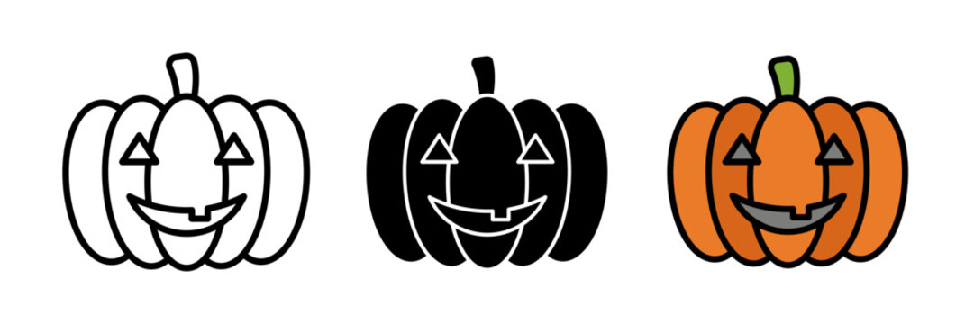Pumpkin (Halloween) icon carved pumpkin symbol, jack-o&rsquo;-lantern illustration, spooky Halloween decoration, festive fall icon, autumn harvest, minimalist flat design.