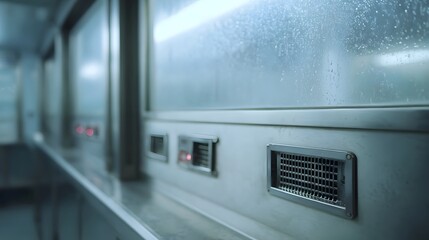 Fototapeta premium A sterile metallic interior with condensation and ventilation grilles featuring cool lighting