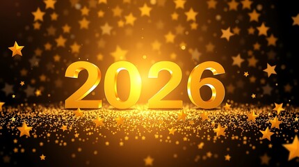 Golden 2026 numbers illuminated with falling stars and bokeh lights