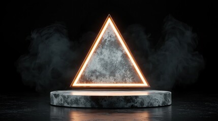 A black platform with a white triangle and orange glow on top.
