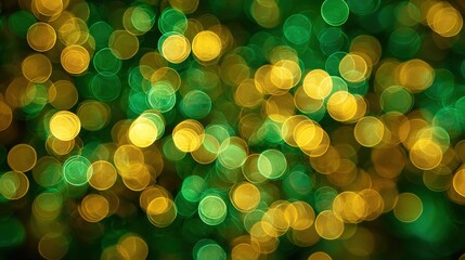 Emerald green and golden blurred lights creating festive bokeh pattern celebrating Irish holiday spirit with shimmering elegance. High quality