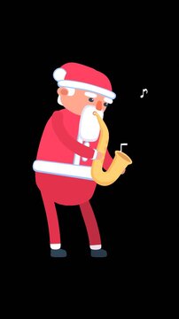 2d animation of Santa Claus playing on saxophone. Video with alpha channel, transparent background