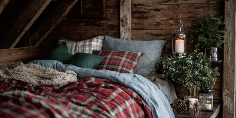 A warm, inviting bedroom scene featuring a plush bed with plaid and solid color pillows, rustic wooden walls, and holiday decor, exuding a hand-crafted, homey style.