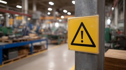 Industrial warning sign with exclamation mark on a pole in a blurred factory setting