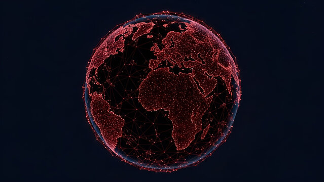 Digital Earth globe with glowing red network lines representing global data. - Powered by Adobe