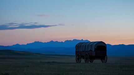 Journey back in time with a vintage wagon under a twilight sky. The serene landscape and silhouette evoke pioneer spirit & westward expansion tales. Discover the beauty of simpler times.