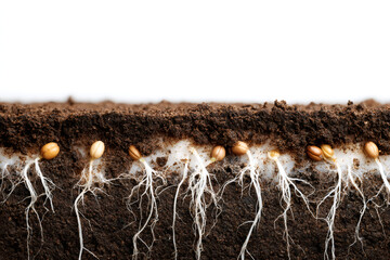Seeds germinating underground in a soil cross-section. Plant roots growing in the earth. New life, growth, and agriculture concept on a white background