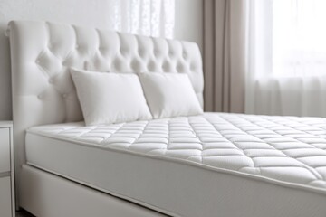 Obraz premium Mattress. Bed with comfortable orthopedic mattress in light room. Quilted white mattress for restful healthy posture sleep. Softness supported by layers inside fabric seal. Memory Foam Core Mattress