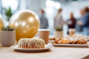 Festive cake with white icing and gold sprinkles on a wooden table. Office party celebration with colleagues and balloons in the background