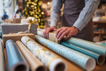 A man's hands wrapping a Christmas gift in a festive shop. Holiday season preparation with decorative paper, boxes, and ribbons