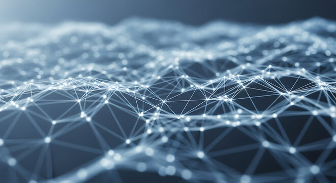 Abstract Network Connection Structure with White Dots and Lines Representing Data Flow on Dark Blue Gradient Background Futuristic Technology Concept