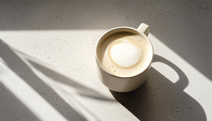 coffee latte mug sitting on a textured table illuminated by natural morning sunlight creating strong diagonal shadows for a minimalist and relaxing atmosphere