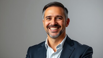 A business professional smiling warmly, radiating positivity and approachability in a professional environment.