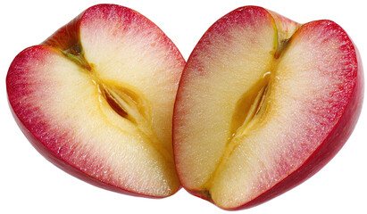 Fresh red apple cut in half showing its inner core and seeds isolated on transparent background