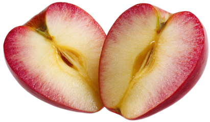 Fresh red apple cut in half showing its inner core and seeds isolated on transparent background