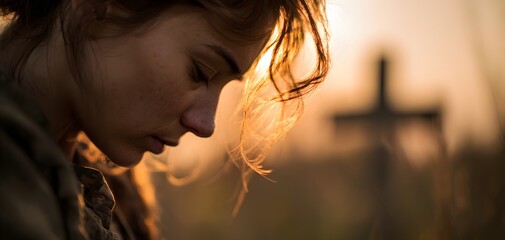 Young woman praying at sunset with cross in background expressing faith and devotion