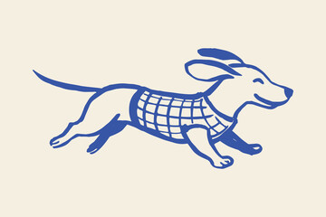 Running  dog in sweater cartoon naive sketch vector illustration