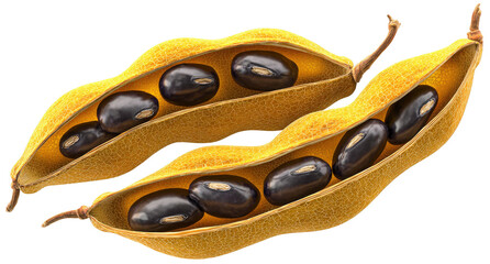 Obraz premium Natural black beans in two open pods displaying organic texture and rich color isolated on transparent background