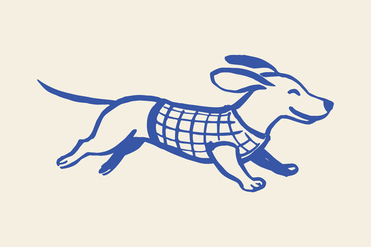 Running  dog in sweater cartoon naive sketch vector illustration