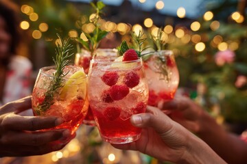 Obraz premium Friends drinking sparkling cocktails. People clinking glasses with drinks outdoors. Close up of hands cheers, making toasts and touch with wineglasses at garden party. Warm Summer Evening. Enjoy Life