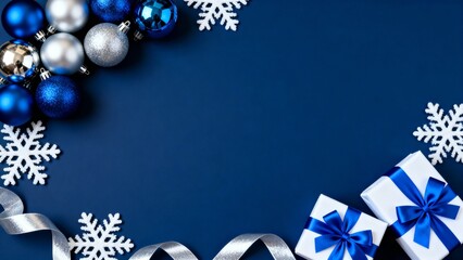 Beautiful blue and silver holiday decorations, gift boxes, and snowflakes on a deep blue background