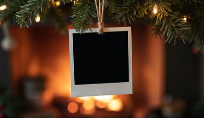 Blank black polaroid hanging on Christmas tree with fireplace background