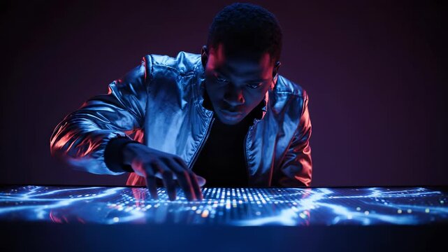 Man touches futuristic touchscreen table. Glowing digital interface reacts to touch. Data stream and hologram visuals form grid. Focused expression shows immersion in technology. Interaction adds aim.