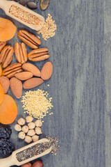 Food containing natural iron and other vitamins and minerals. Healthy eating. Place for text