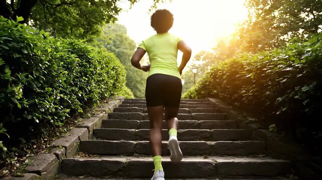 Fit woman runs up stone stairs in park. The athletic woman is running during an outdoor workout. This is a healthy lifestyle. The woman has an intense cardio workout running up stairs. Fitness and exe
