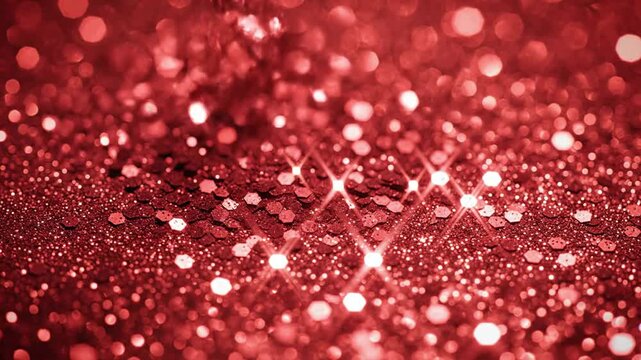 A macro photograph of a surface covered in shimmering red glitter with some hexagonal particles in focus and a background of soft glowing bokeh highlights