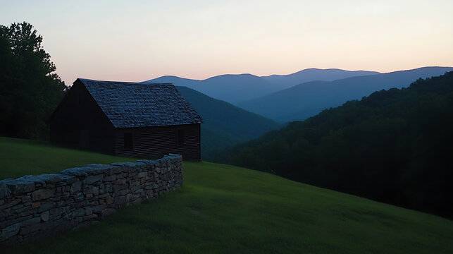 Rustic barn on a hillside overlooking a valley with mountain ranges in the background under a pastel sky at dusk. A stone wall sits in the foreground. - Powered by Adobe