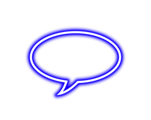 Glowing blue neon speech bubble icon with white outline on a solid for chat on transparent background