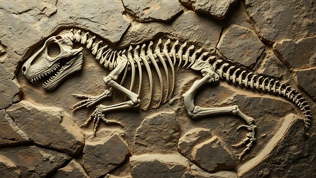 Fossilized skeleton emerging from stone, its bones transforming into a star map of the Permian period.