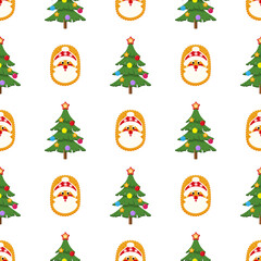 Seamless Christmas pattern with cartoon gingerbread Santa face and decorated Xmas tree on white background. Holiday winter digital paper. Editable vector illustration.