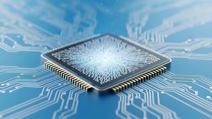 Microchip on central processing unit circuit board with glowing element. Digital data computing and artificial intelligence technology.