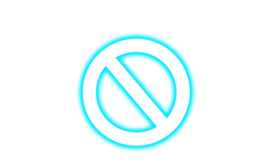 Bright cyan and white prohibition symbol glows against a stark indicating restriction or denial on transparent background
