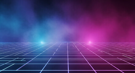Synthwave Cyberpunk Neon Grid Landscape on Smoky Background in Blue and Pink Retro Futuristic Vaporwave Wireframe Illustration