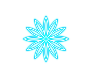 Bright cyan neon glowing flower shape design element on a solid on transparent background