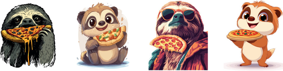 In this modern clip art illustration, simple gradients are used to depict a fat sloth eating a slice of pepperoni pizza, all in one layer
