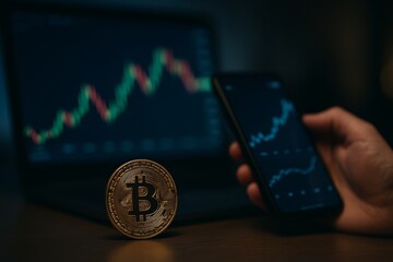 A golden crypto coin near a laptop and a phone shows rising charts, with coin. Concept of digital money, market growth, mobile trading. For fintech blog